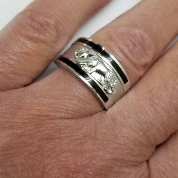 Men 14k White Gold Leopard Cat Enamel Diamond Ring